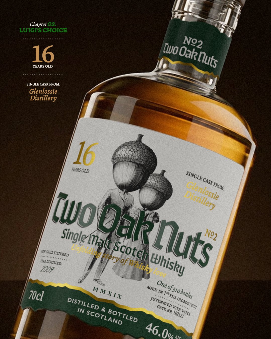 Two Oak Nuts whisky bottle with illustrated acorns on the label.