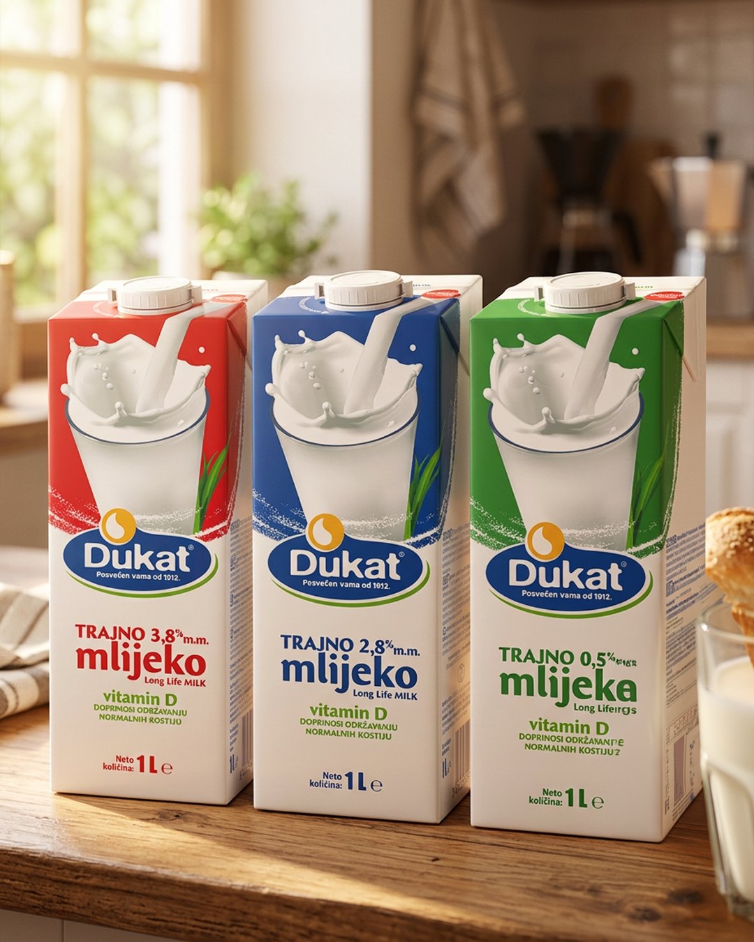 Dukat milk cartons in red, blue and green.