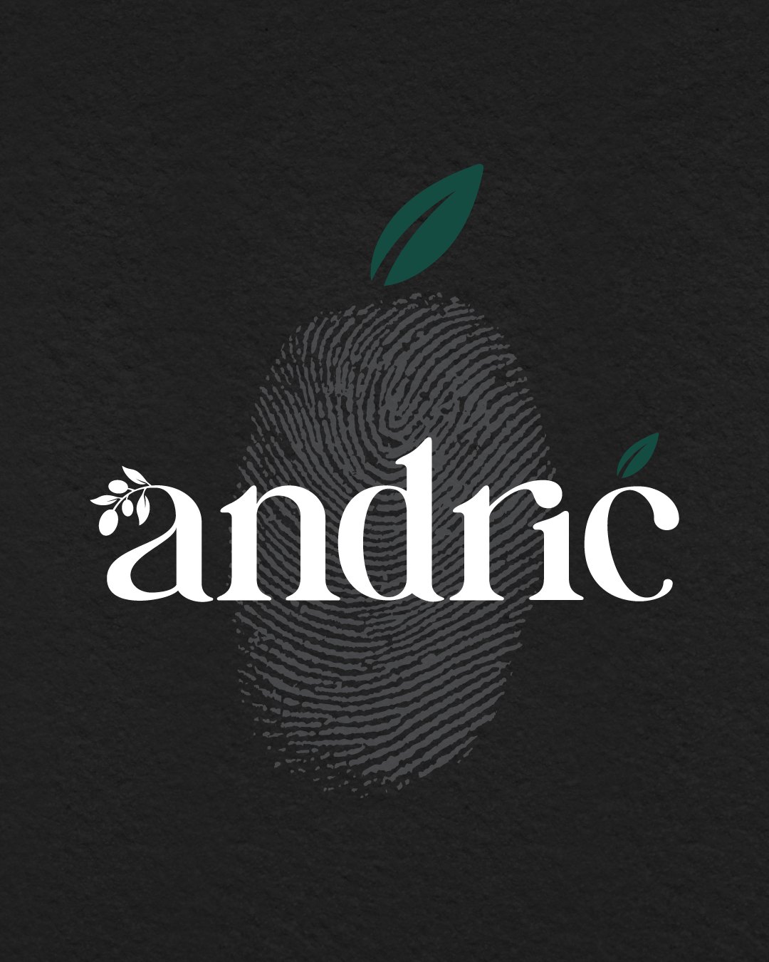 Andrić olive oil identity with an olive-shaped fingerprint.