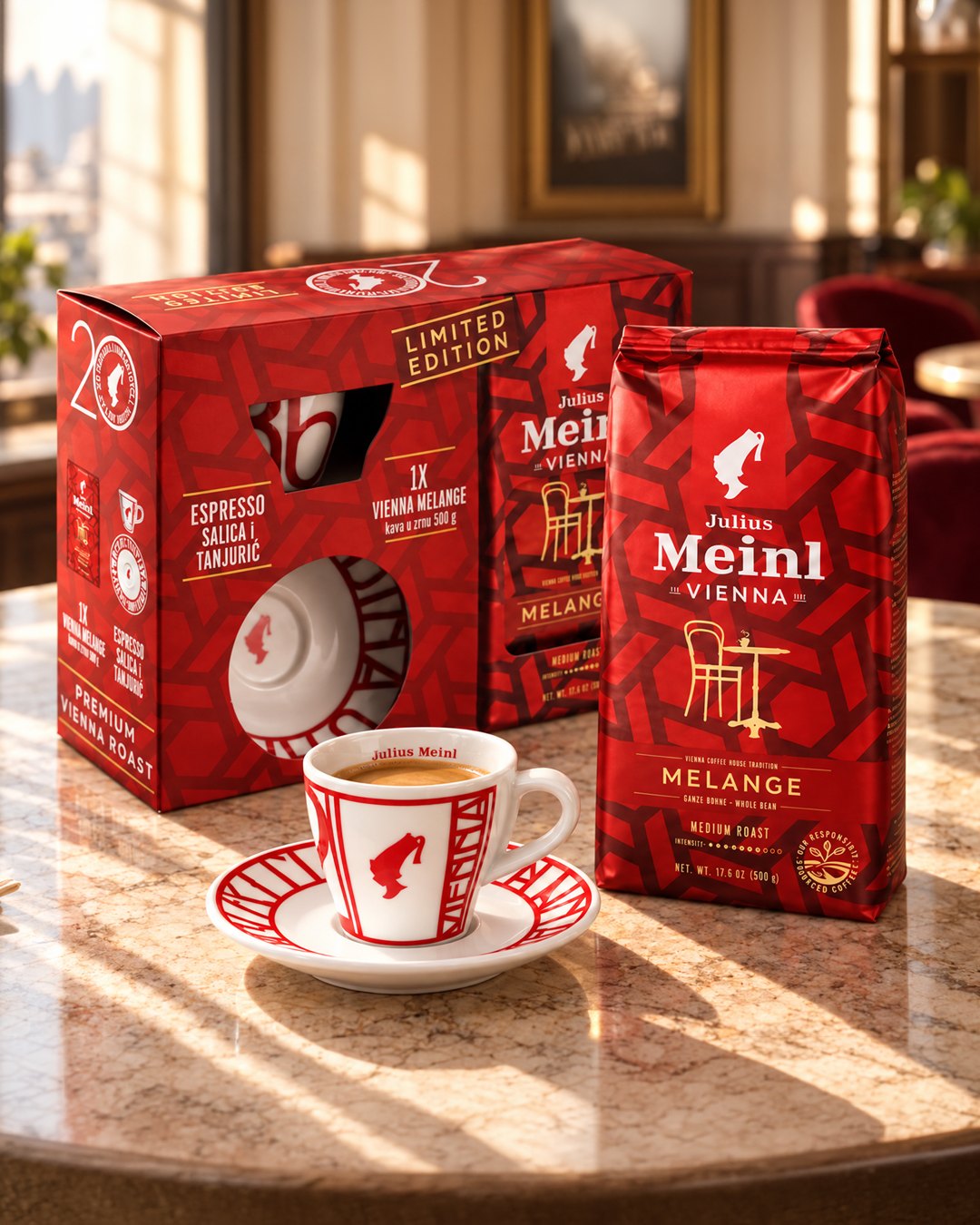 Julius Meinl coffee gift packaging with a limited edition cup and saucer.