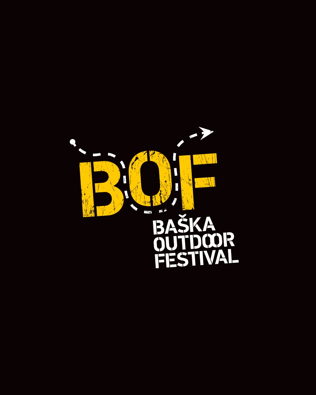 Baška Outdoor Festival identity with a yellow BOF mark on black.